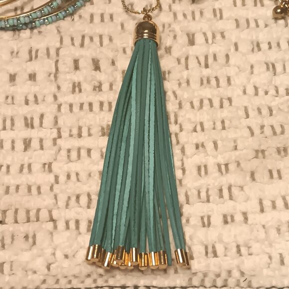 Pomina teal green tassel necklace set with teal blue gold tone bracelet stack - Picture 3 of 14